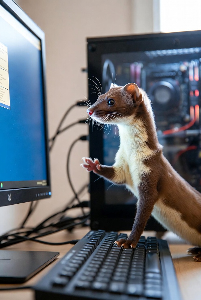 A weasel working on a coputer